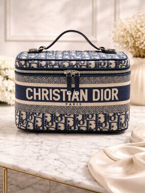 Authentic Dior Oblique Vanity Case Blue Canvas Cosmetic Bag